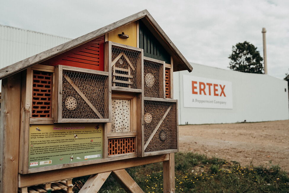 Un hotel pentru insecte din lemn este amplasat în fața unei clădiri cu inscripția "ERTEX", o companie de mentă.